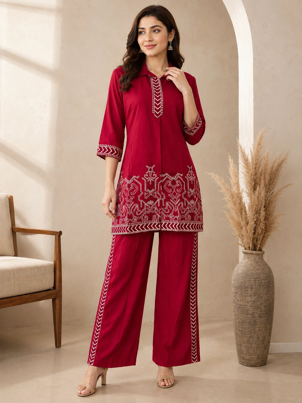 Rani Pink White Thread Work Short Co-ord Set