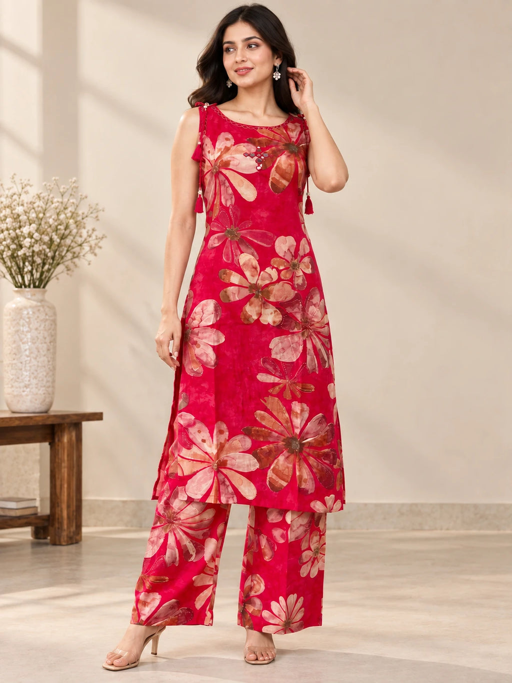 Rayon Floral Fuchsia Kurta Palazzo Set with Shoulder Knot