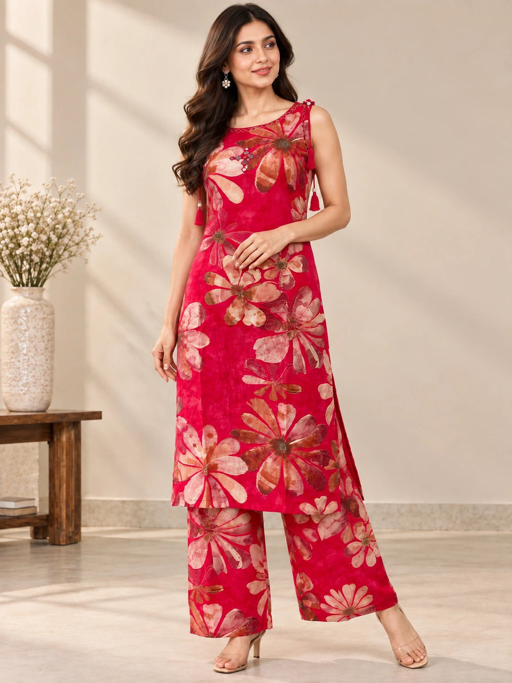 Rayon Floral Fuchsia Kurta Palazzo Set with Shoulder Knot