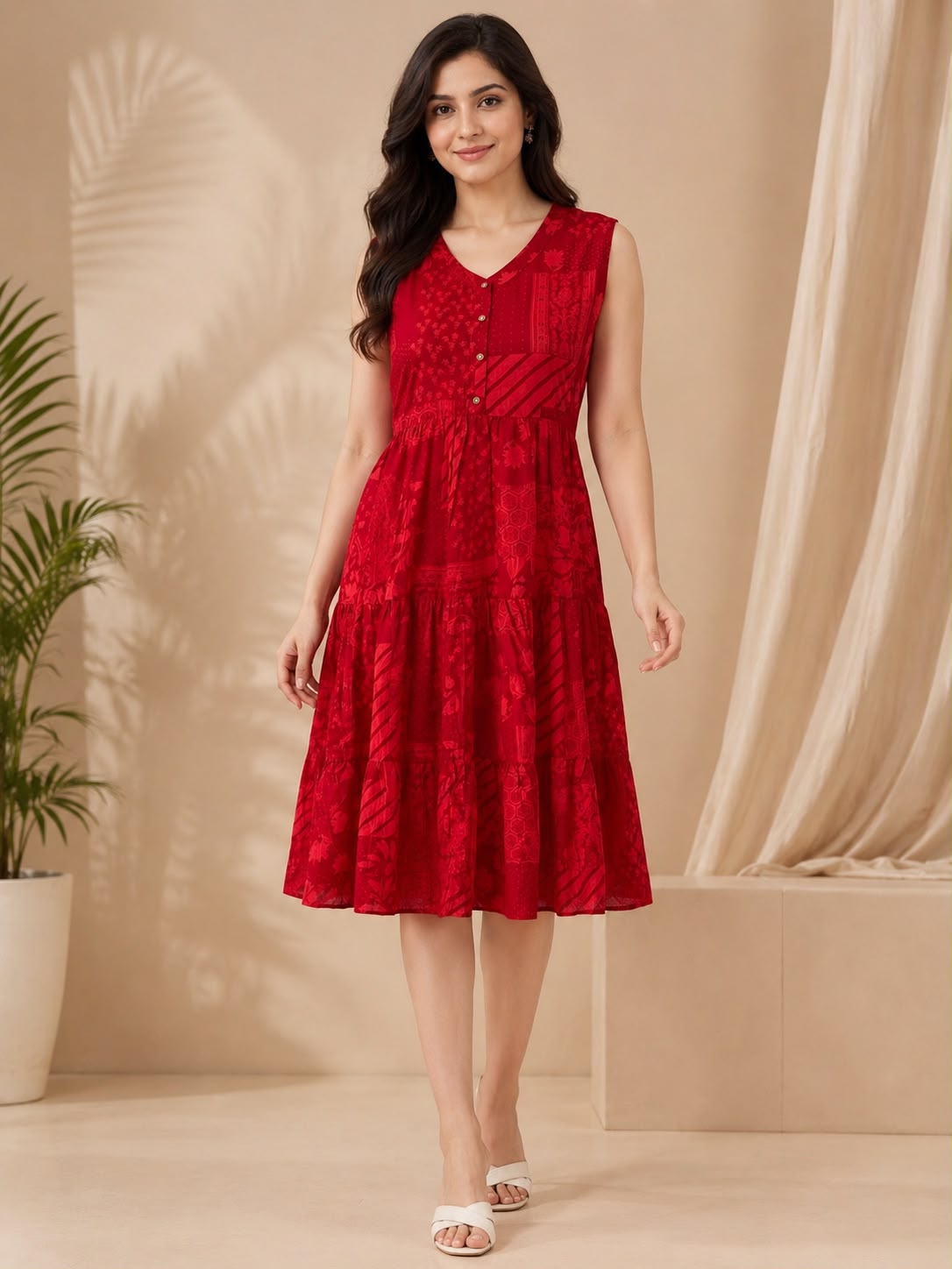 Red Cotton Printed V-Neck One-Piece Dress