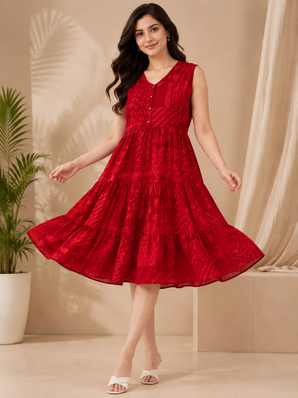 Red Cotton Printed V-Neck One-Piece Dress