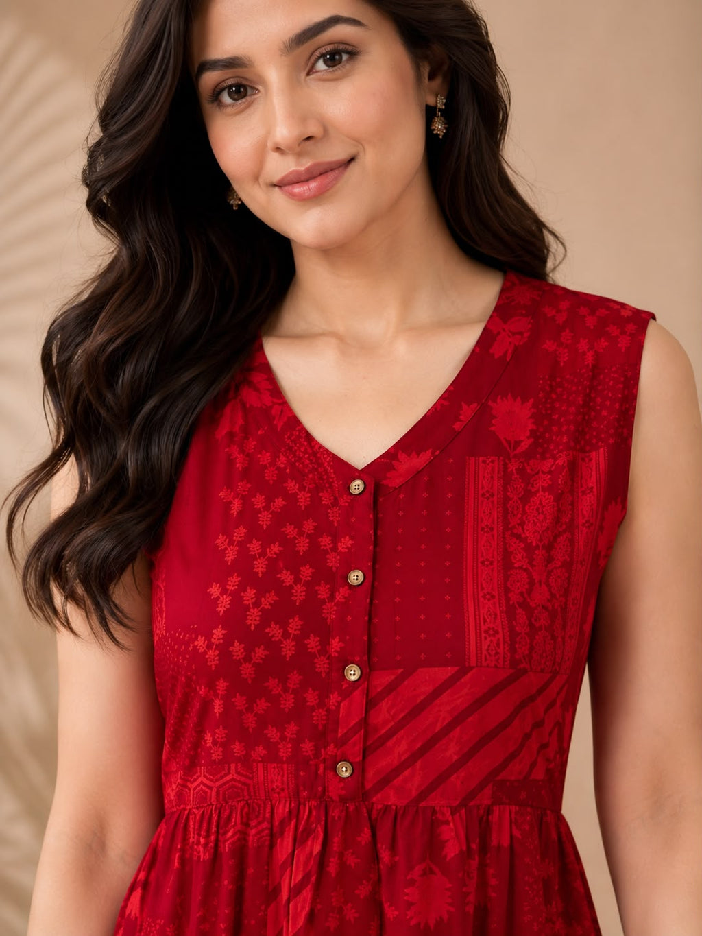 Red Cotton Printed V-Neck One-Piece Dress