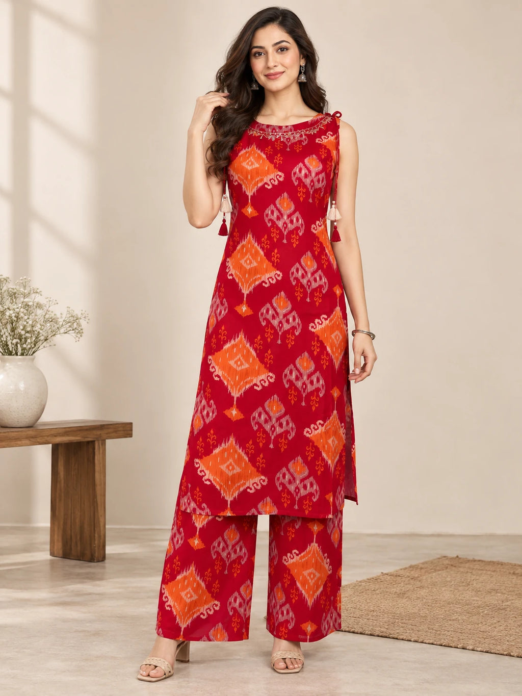 RED IKKAT KURTA PALAZO SET