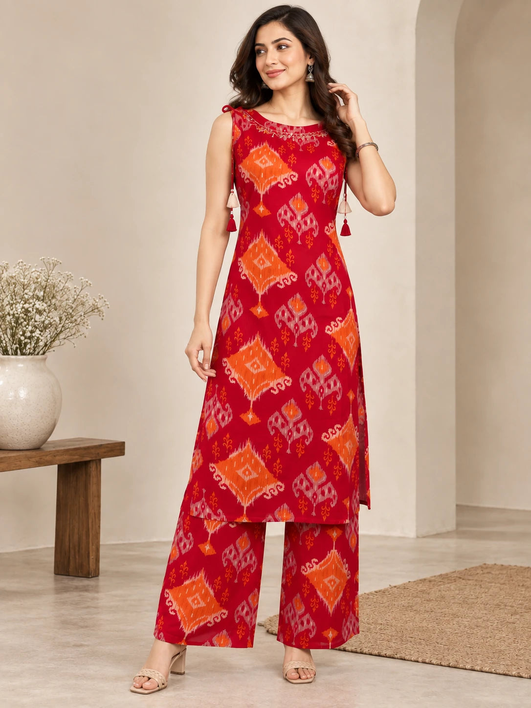 RED IKKAT KURTA PALAZO SET