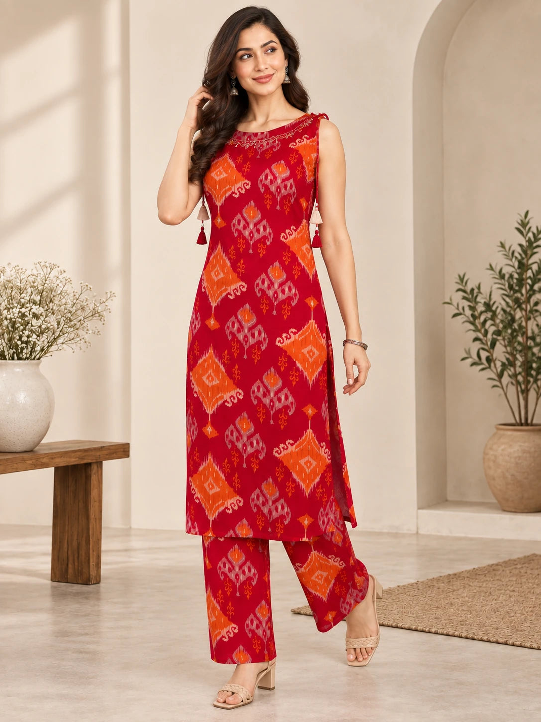 RED IKKAT KURTA PALAZO SET