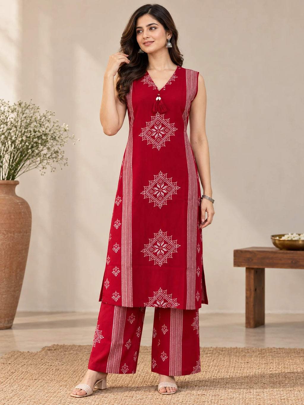 Rani Pink Placement Printed V-Neck Kurta & Palazzo Set