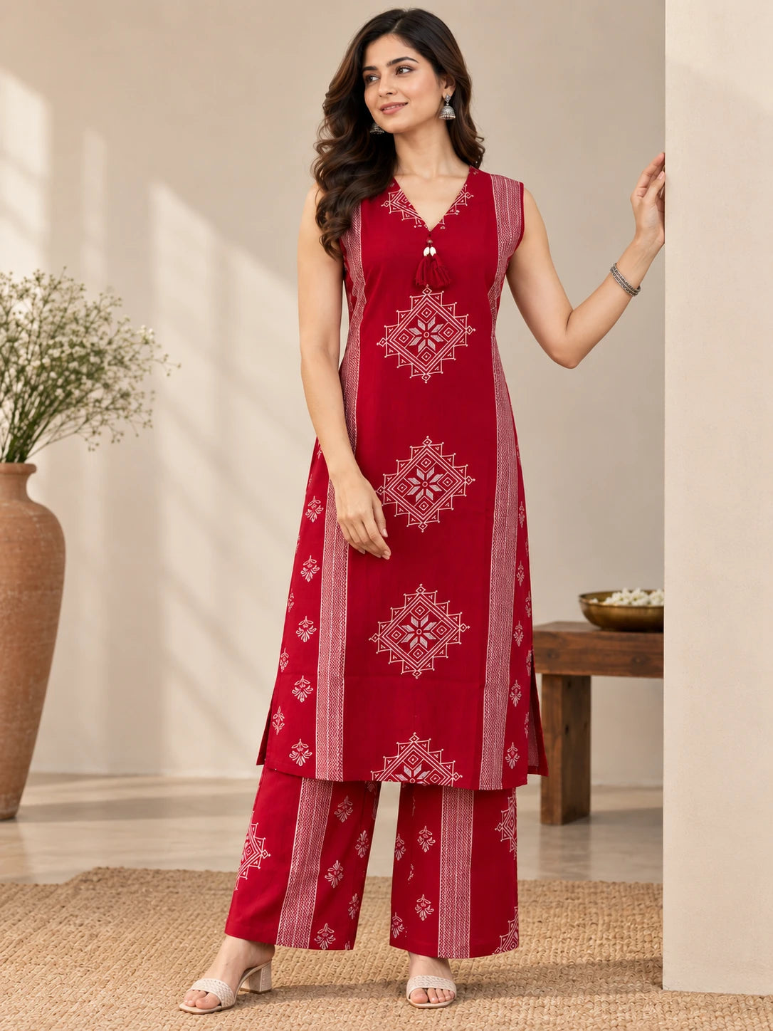 Rani Pink Placement Printed V-Neck Kurta & Palazzo Set