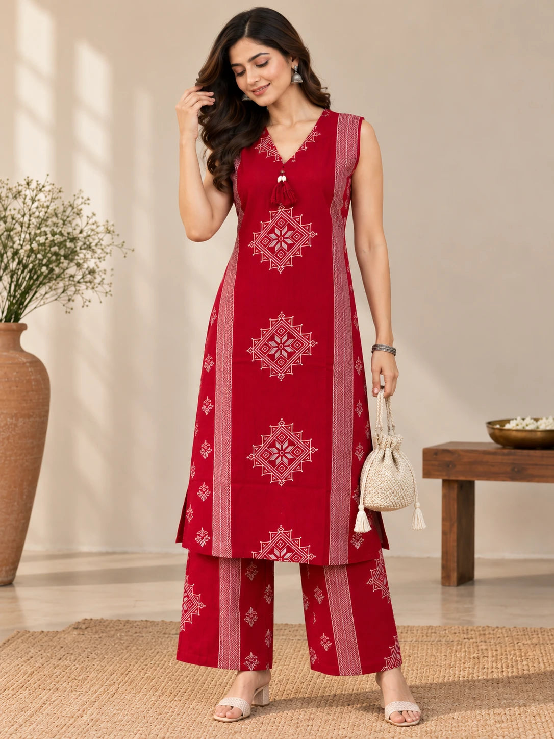 Rani Pink Placement Printed V-Neck Kurta & Palazzo Set