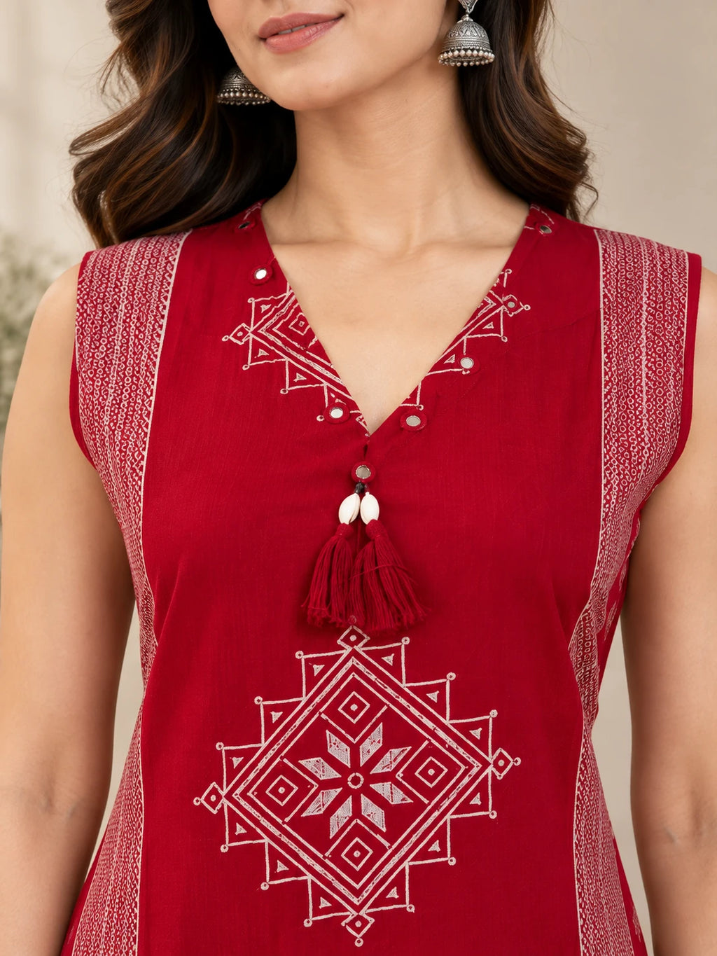 Rani Pink Placement Printed V-Neck Kurta & Palazzo Set