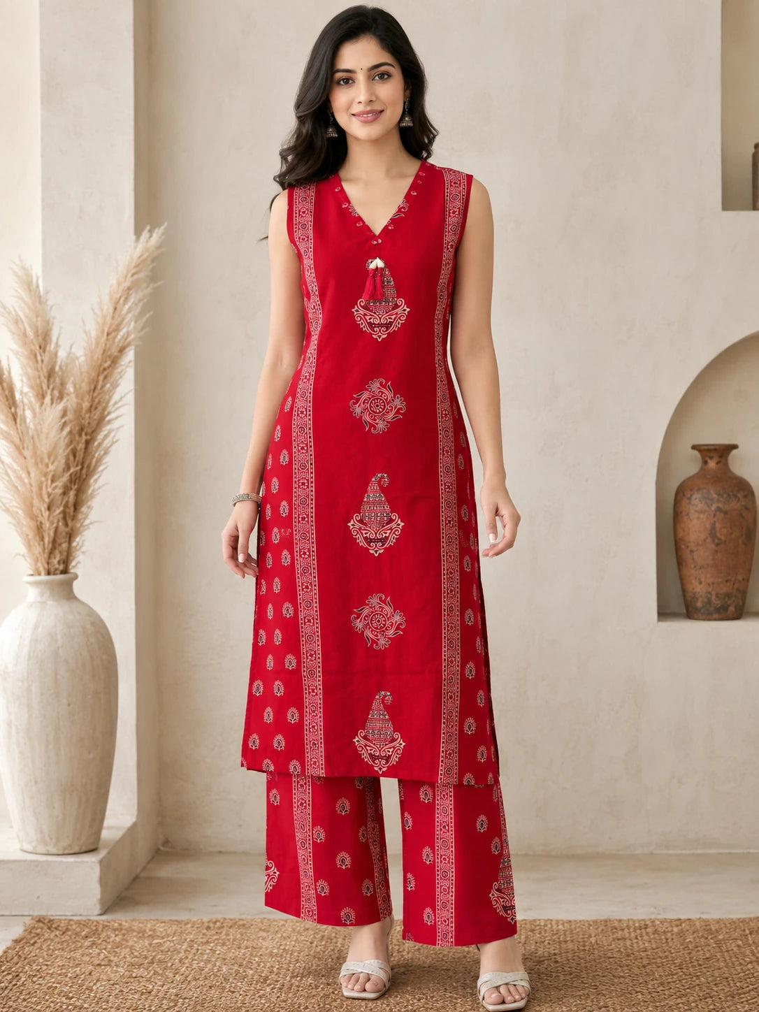 V-Neck Vatican Printed Mirror Work Co-ord Set
