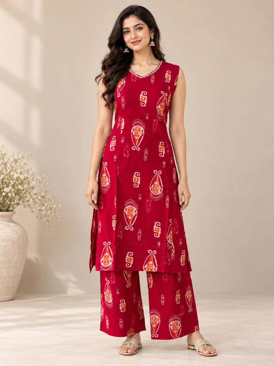 Red Ikat Kurta Palazo Set