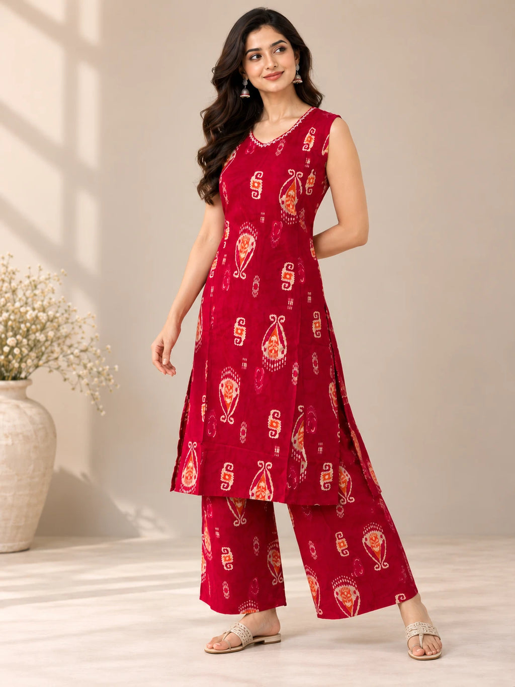 Red Ikat Kurta Palazo Set