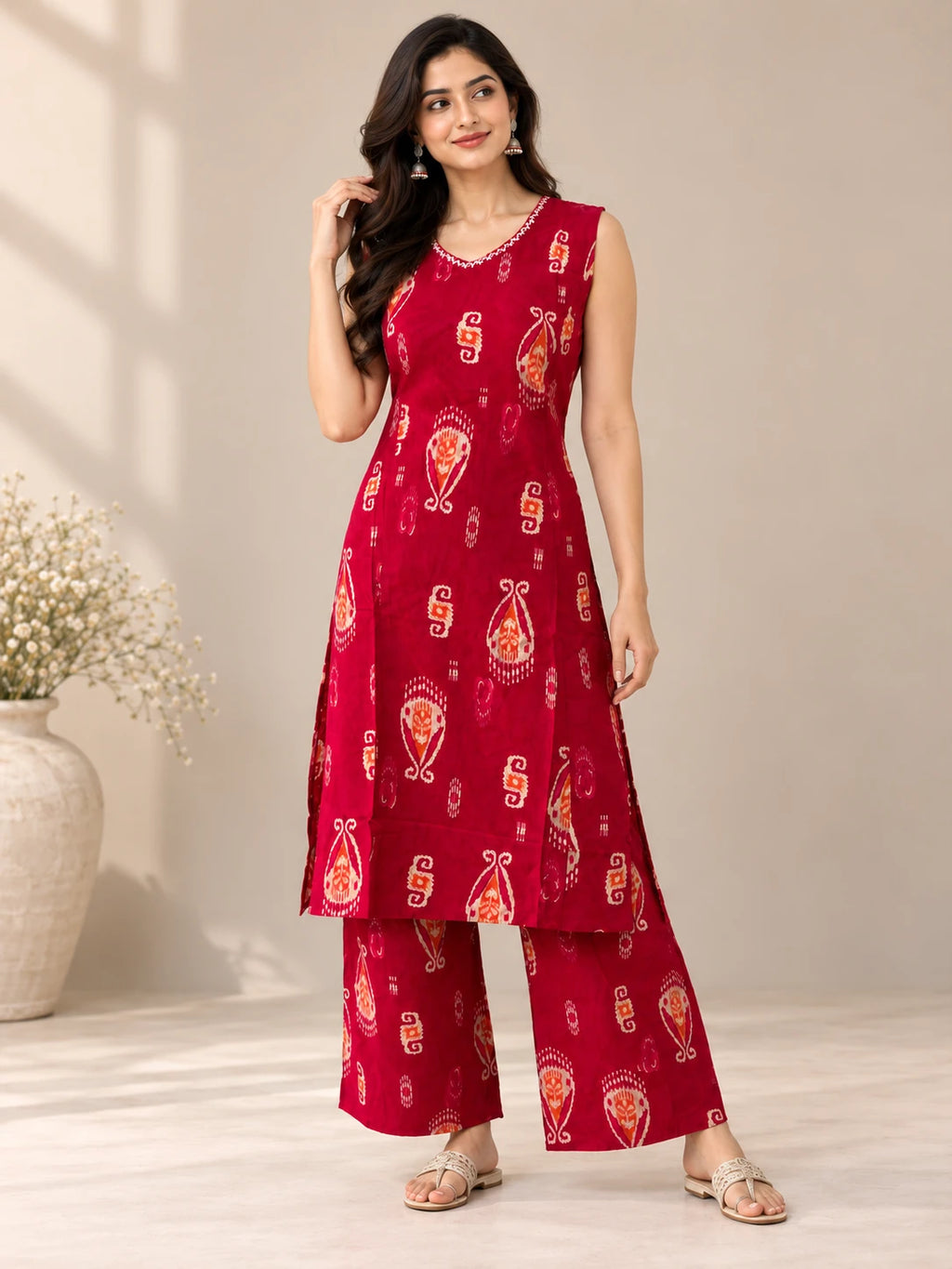 Red Ikat Kurta Palazo Set