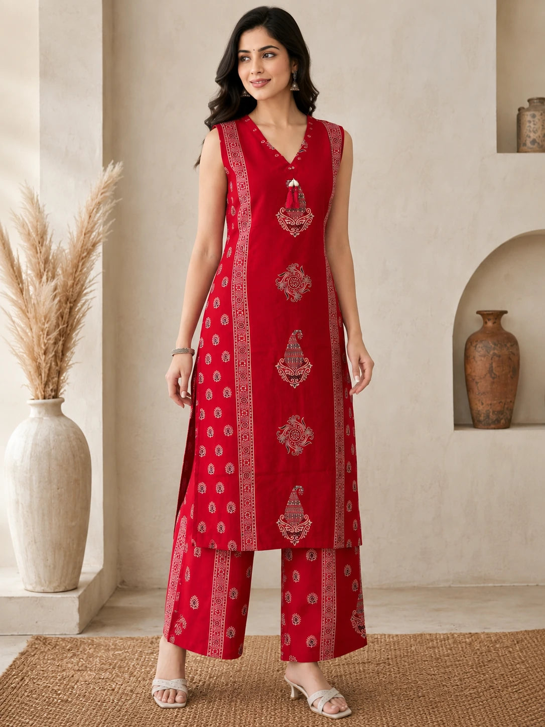 V-Neck Vatican Printed Mirror Work Co-ord Set