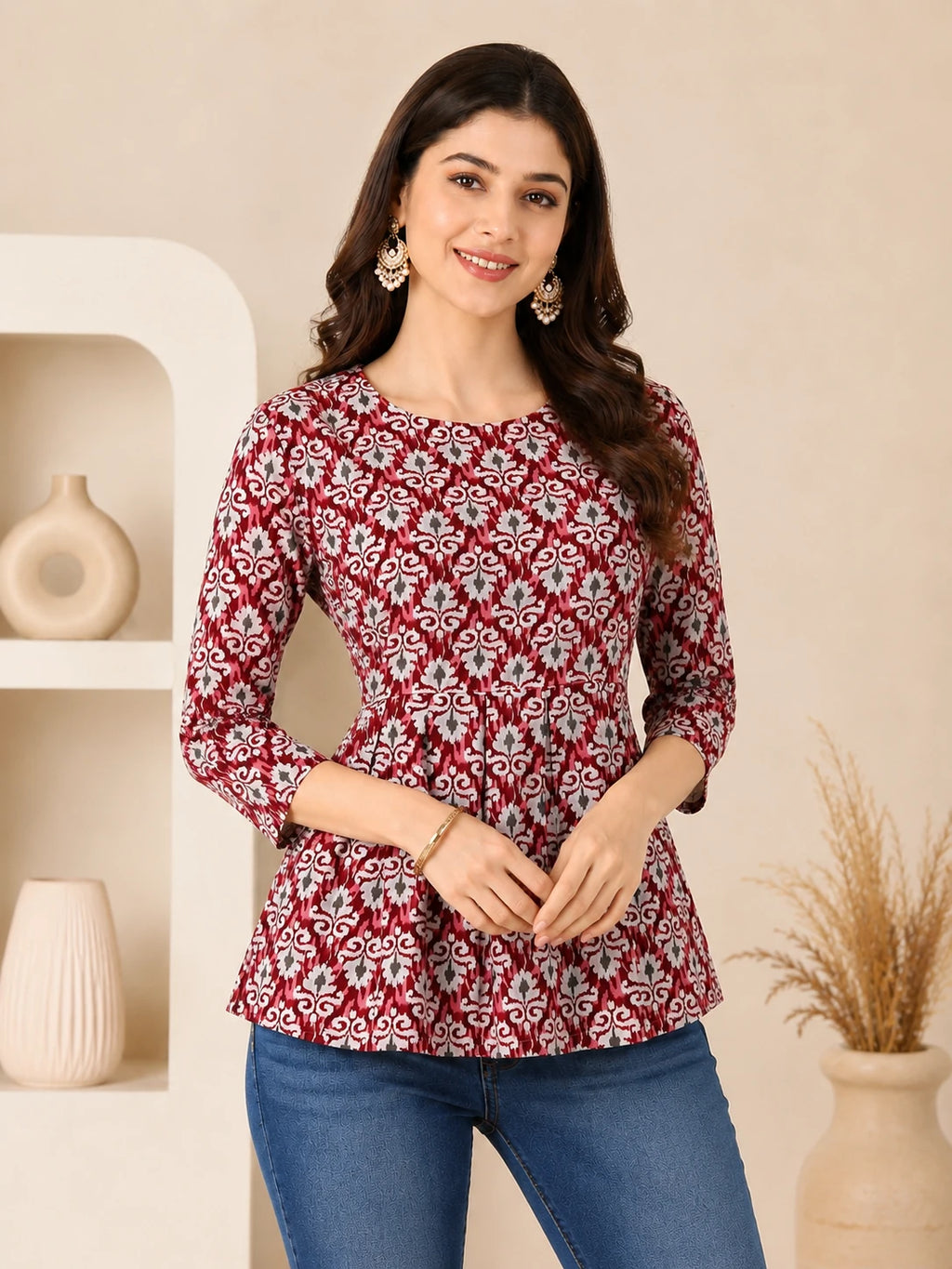 Reddish Cotton Printed Tunic Top