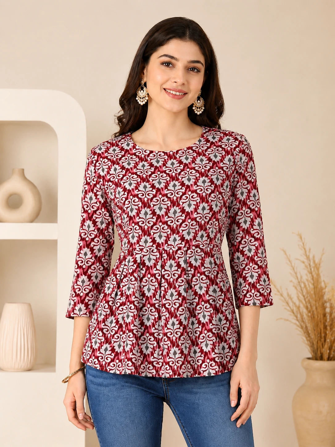 Reddish Cotton Printed Tunic Top