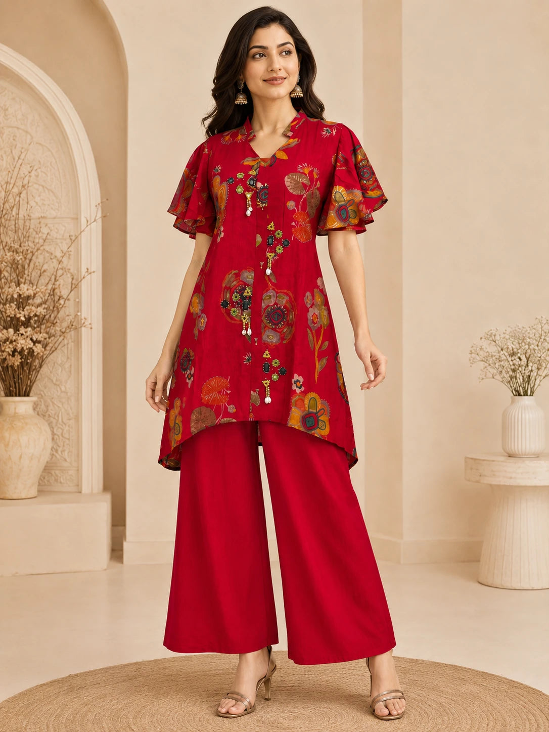 Ruby Red Printed Fish-Cut Short Kurta Co-ord Set