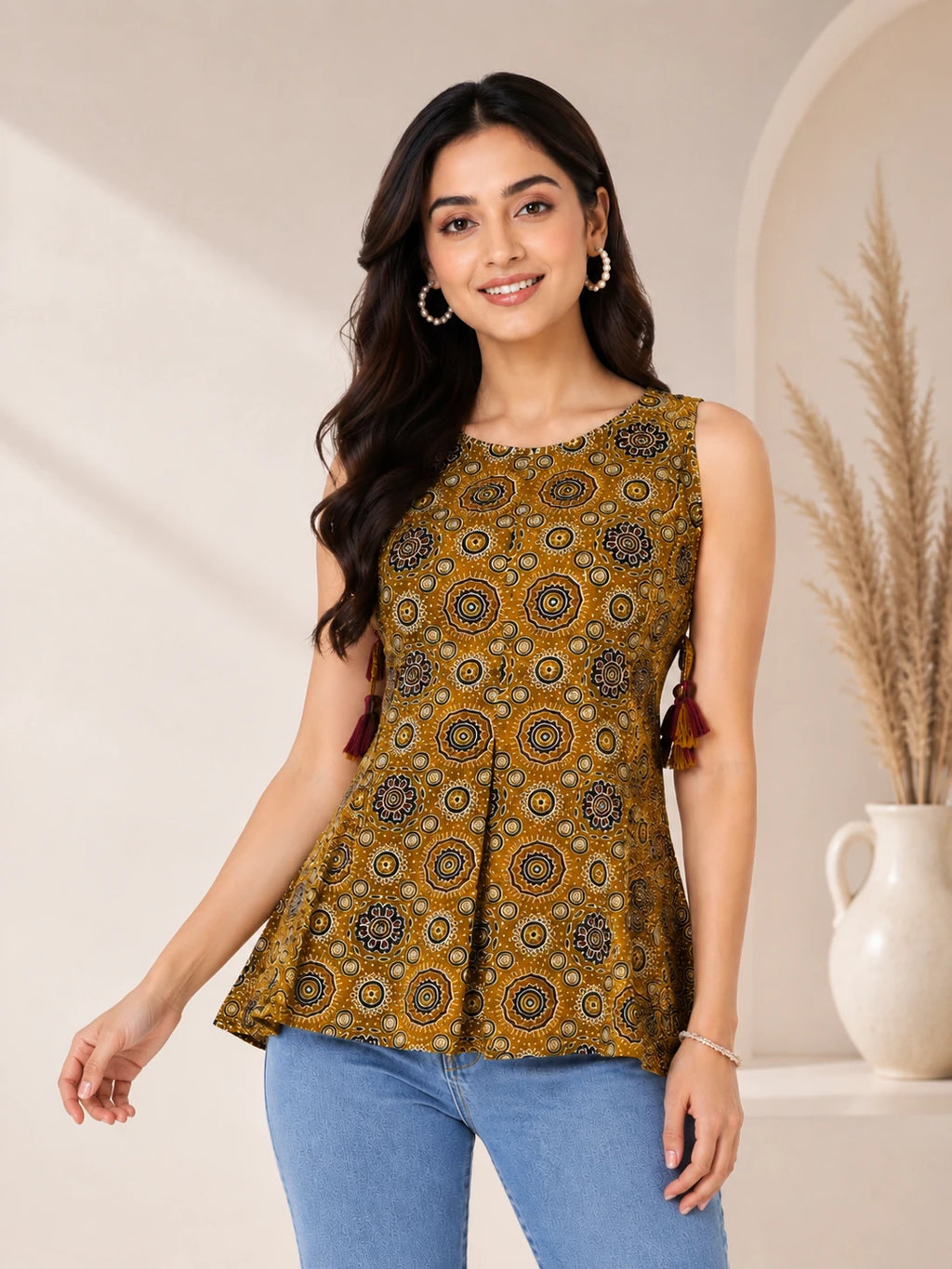 Brown Cotton Frill Tunic Top