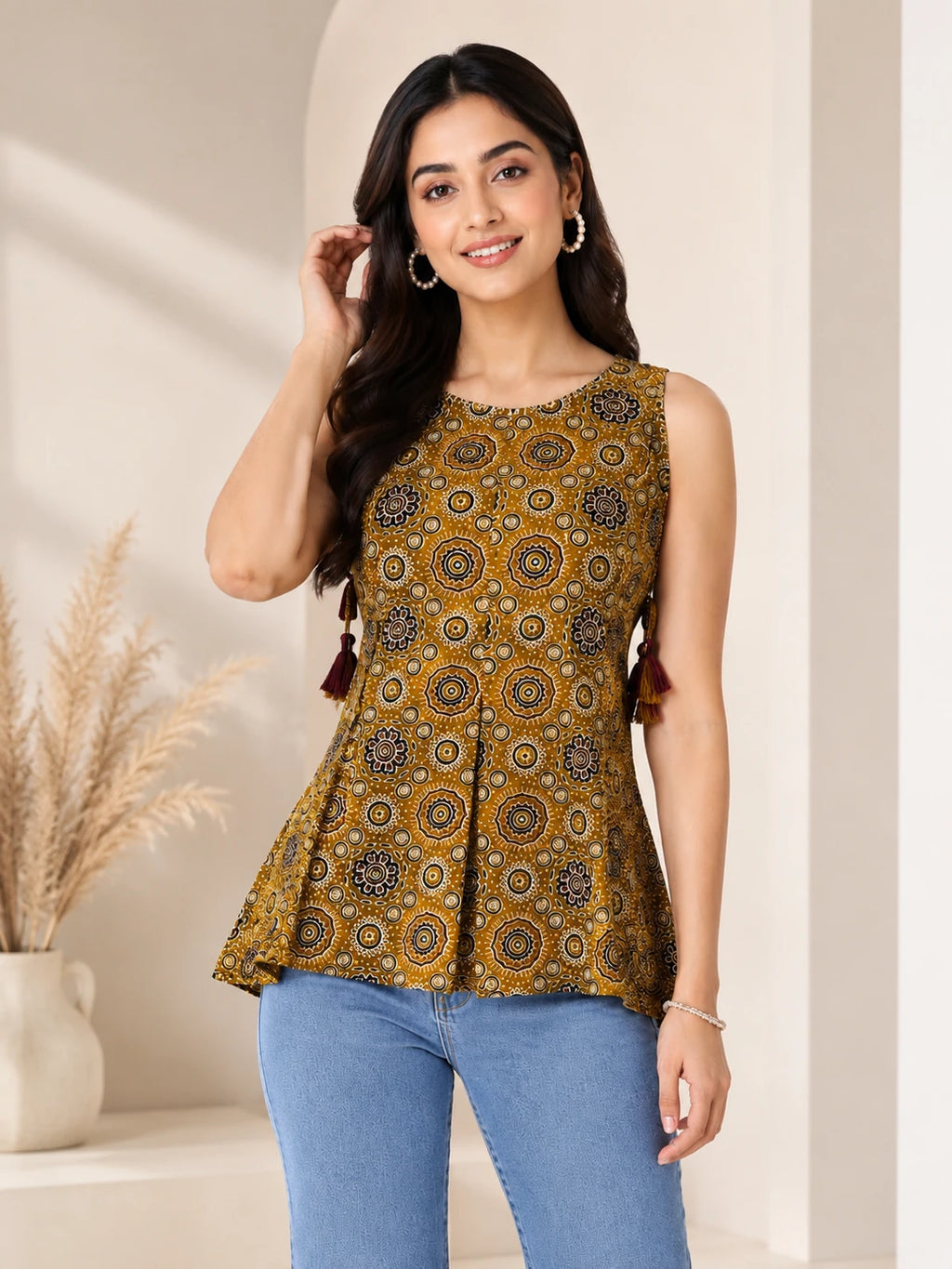 Brown Cotton Frill Tunic Top