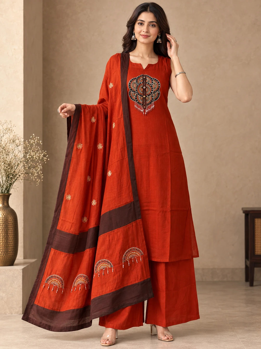 Mull Chanderi Rust Orange Silk 3-Piece Set