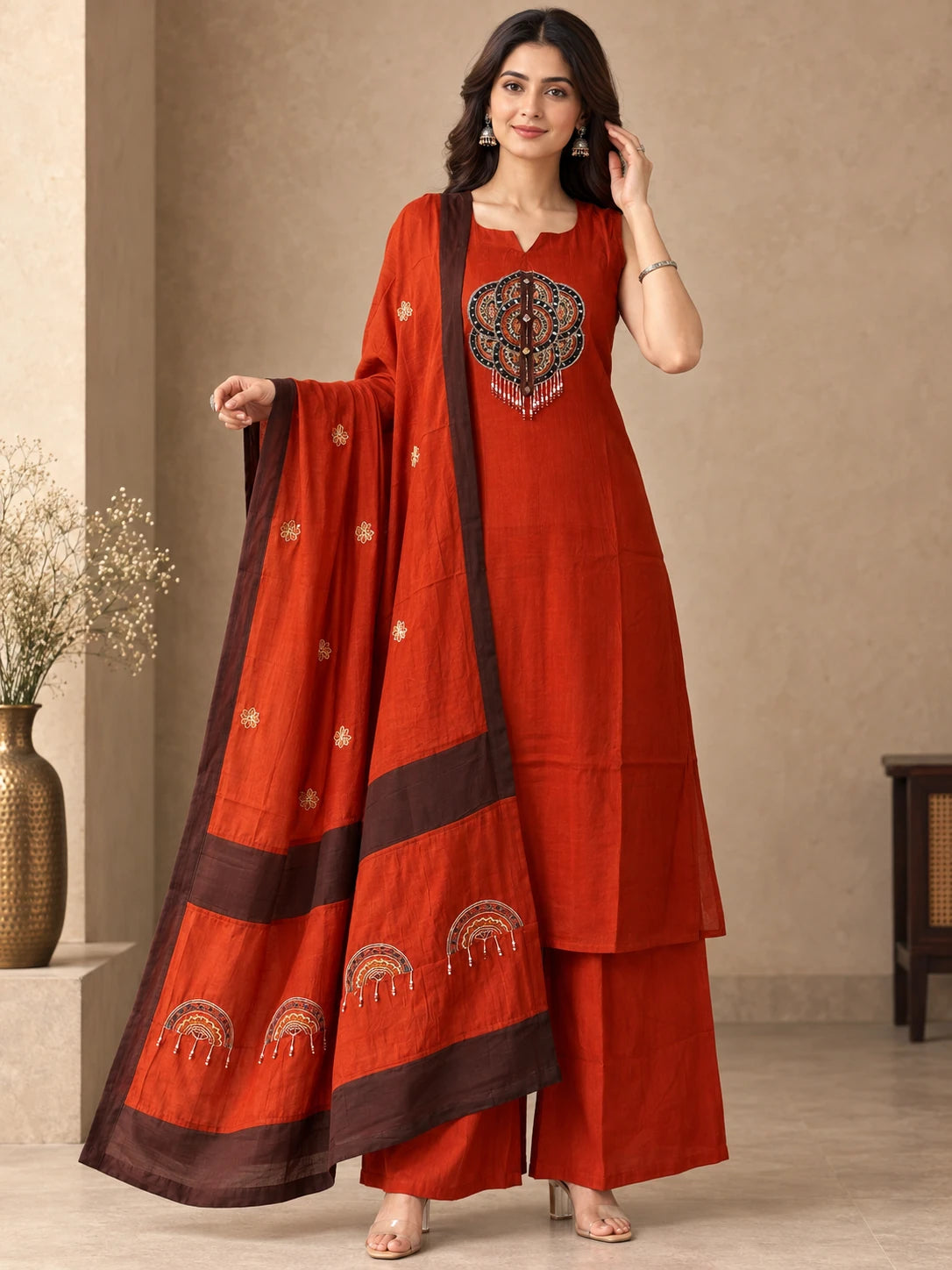 Mull Chanderi Rust Orange Silk 3-Piece Set