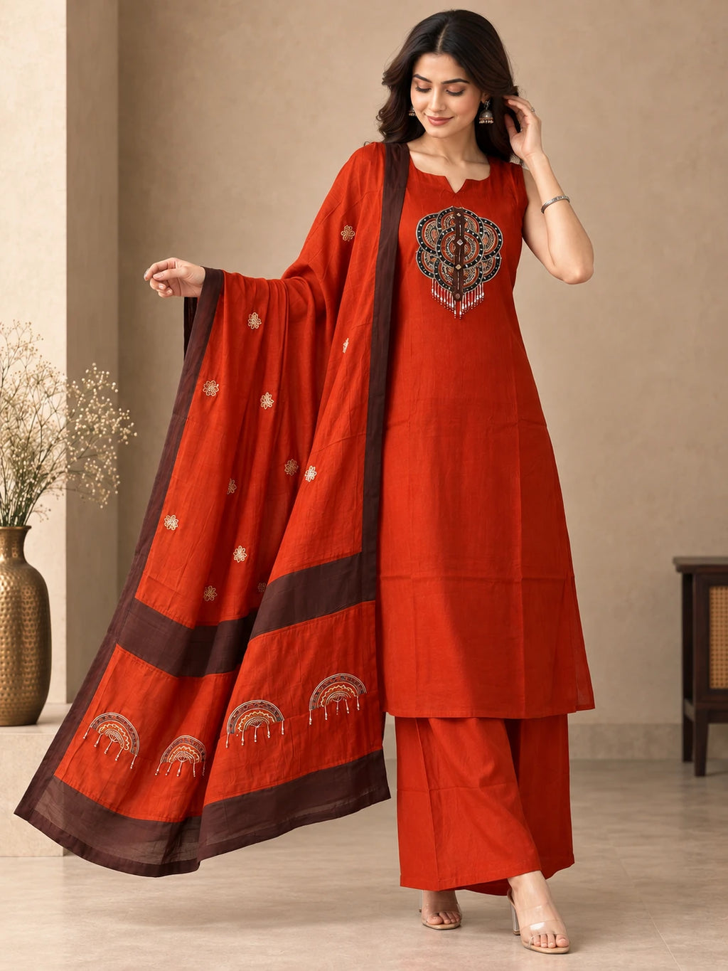 Mull Chanderi Rust Orange Silk 3-Piece Set
