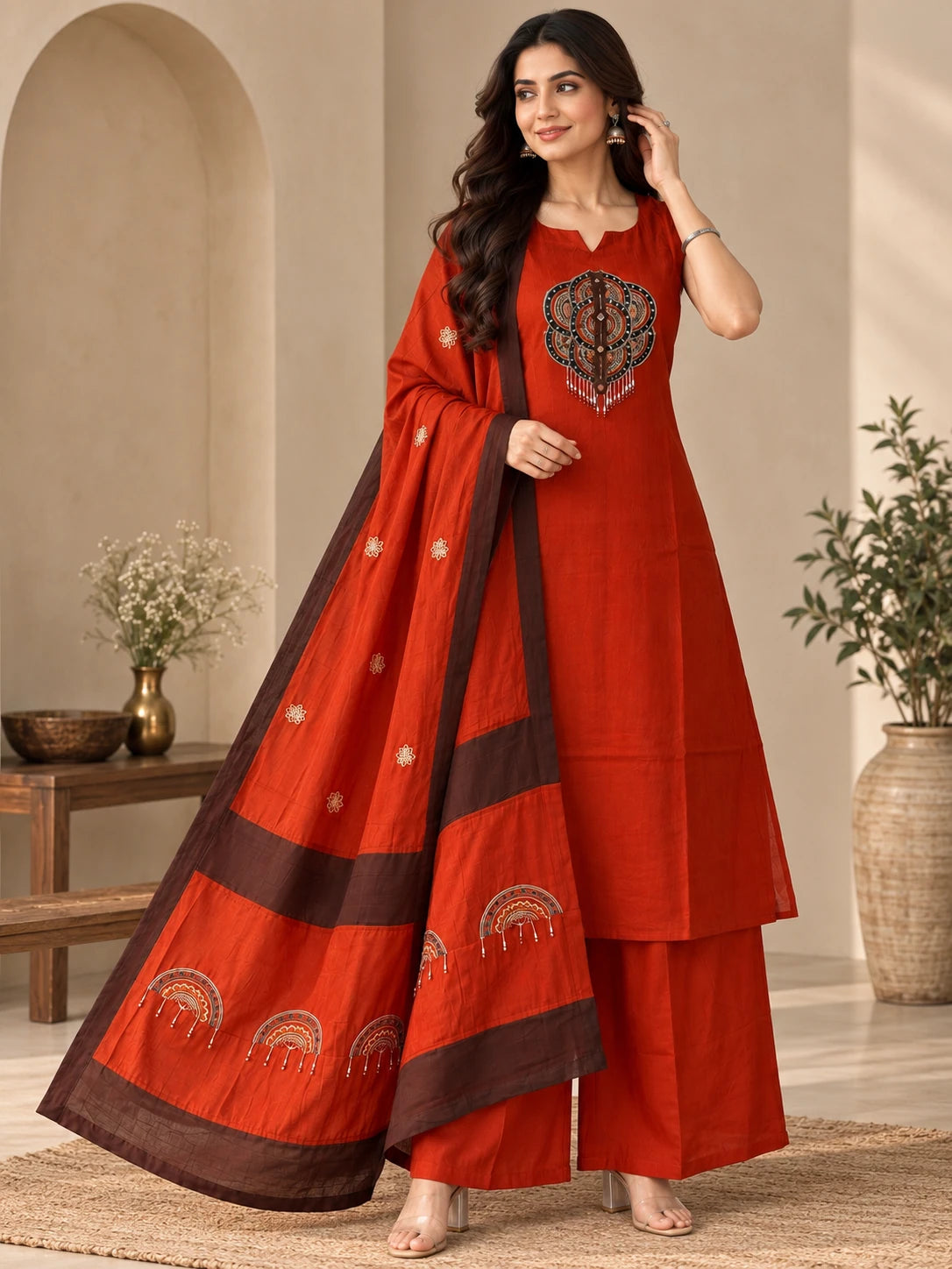 Mull Chanderi Rust Orange Silk 3-Piece Set