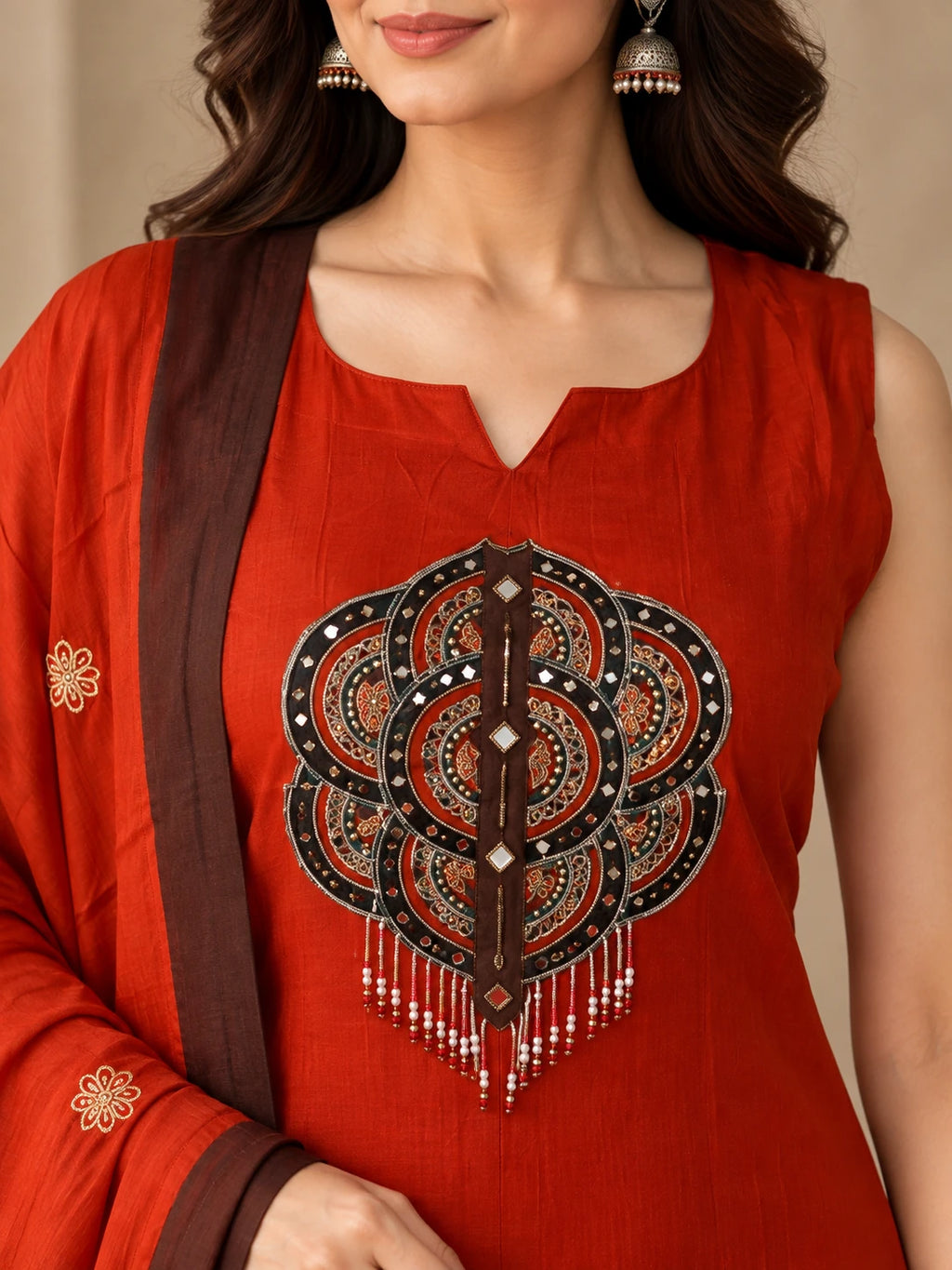 Mull Chanderi Rust Orange Silk 3-Piece Set