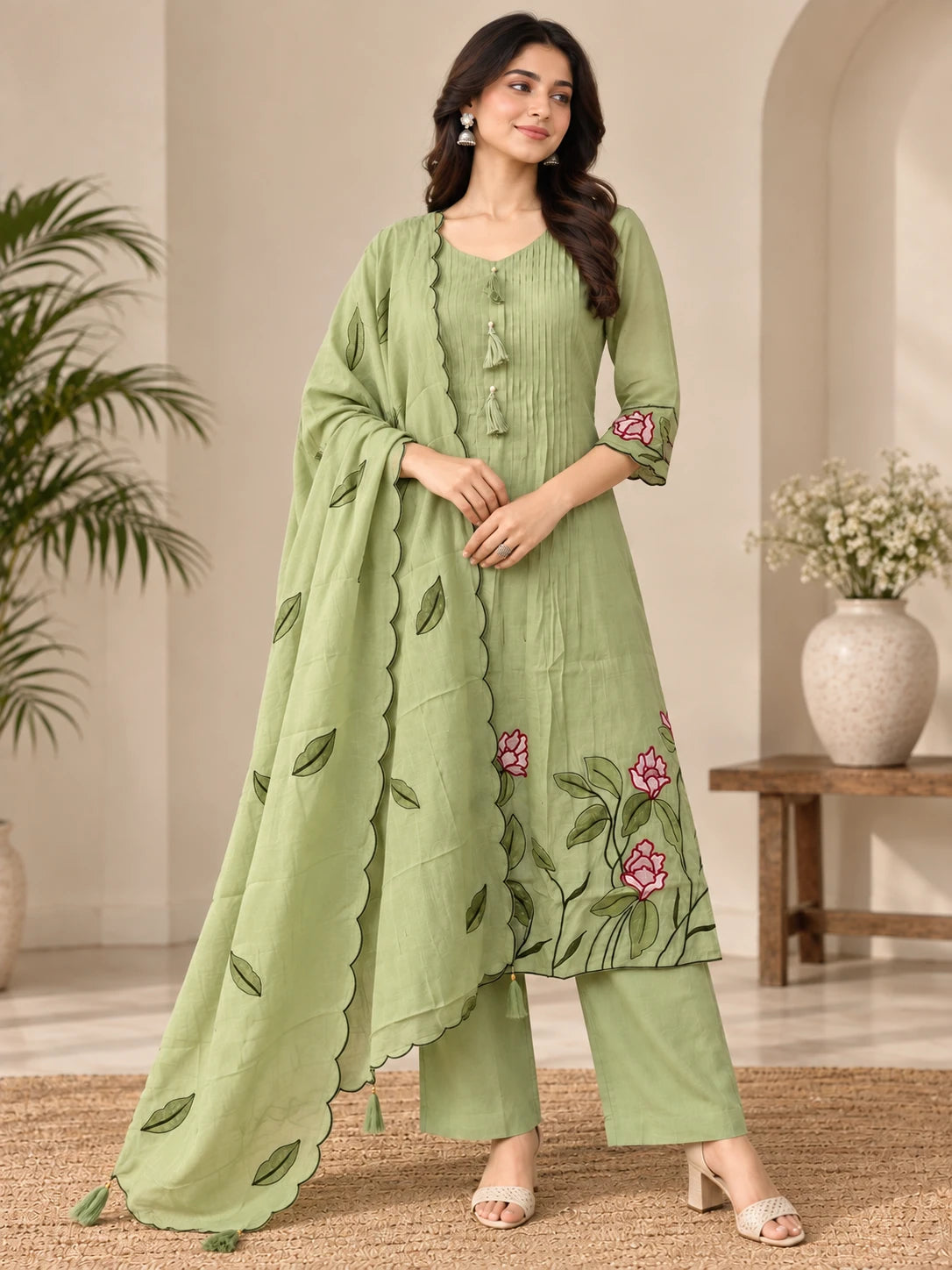 Mull Chanderi Pista Green Silk 3-Piece Set