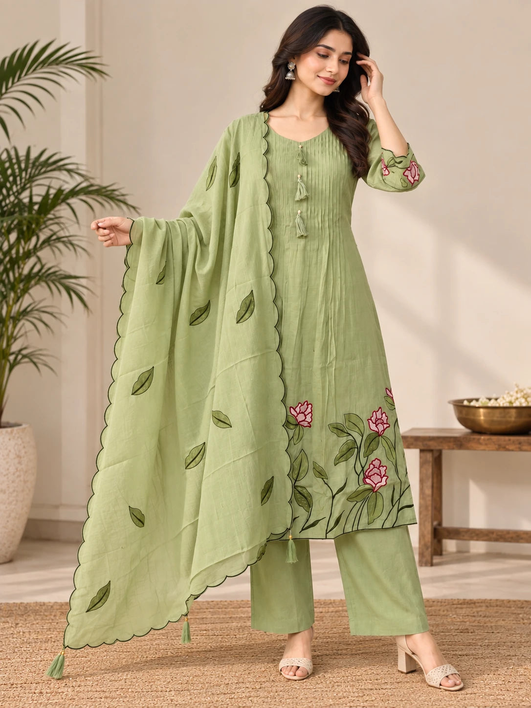 Mull Chanderi Pista Green Silk 3-Piece Set