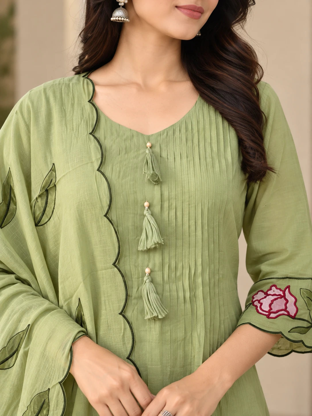 Mull Chanderi Pista Green Silk 3-Piece Set