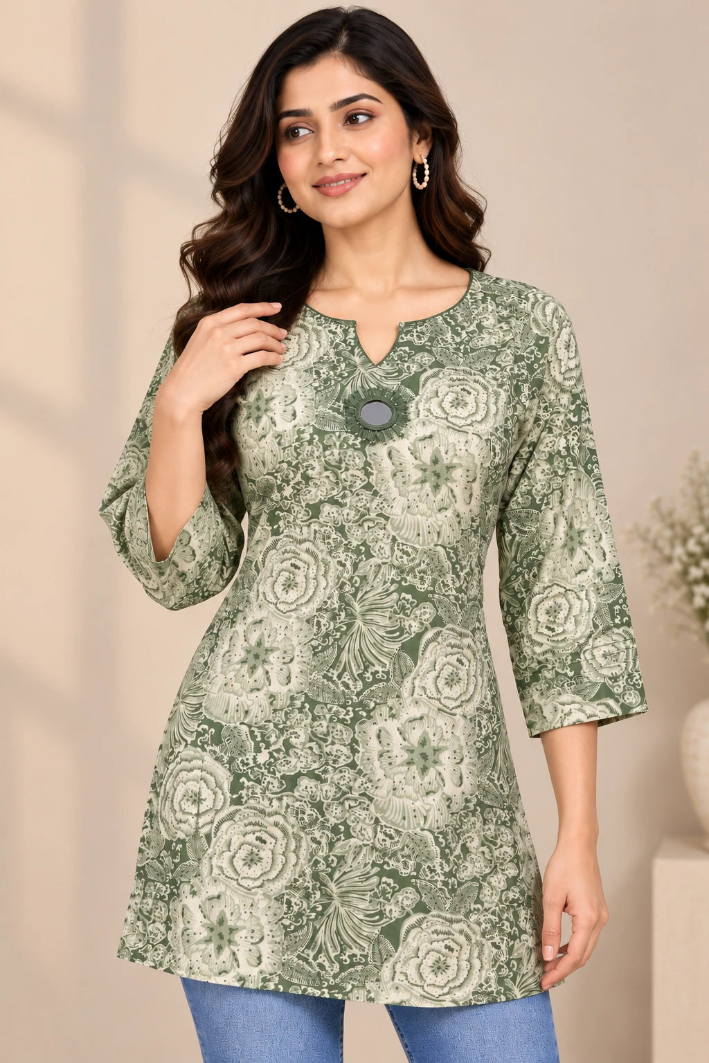 Sage Green Rayon Printed Short Tunic