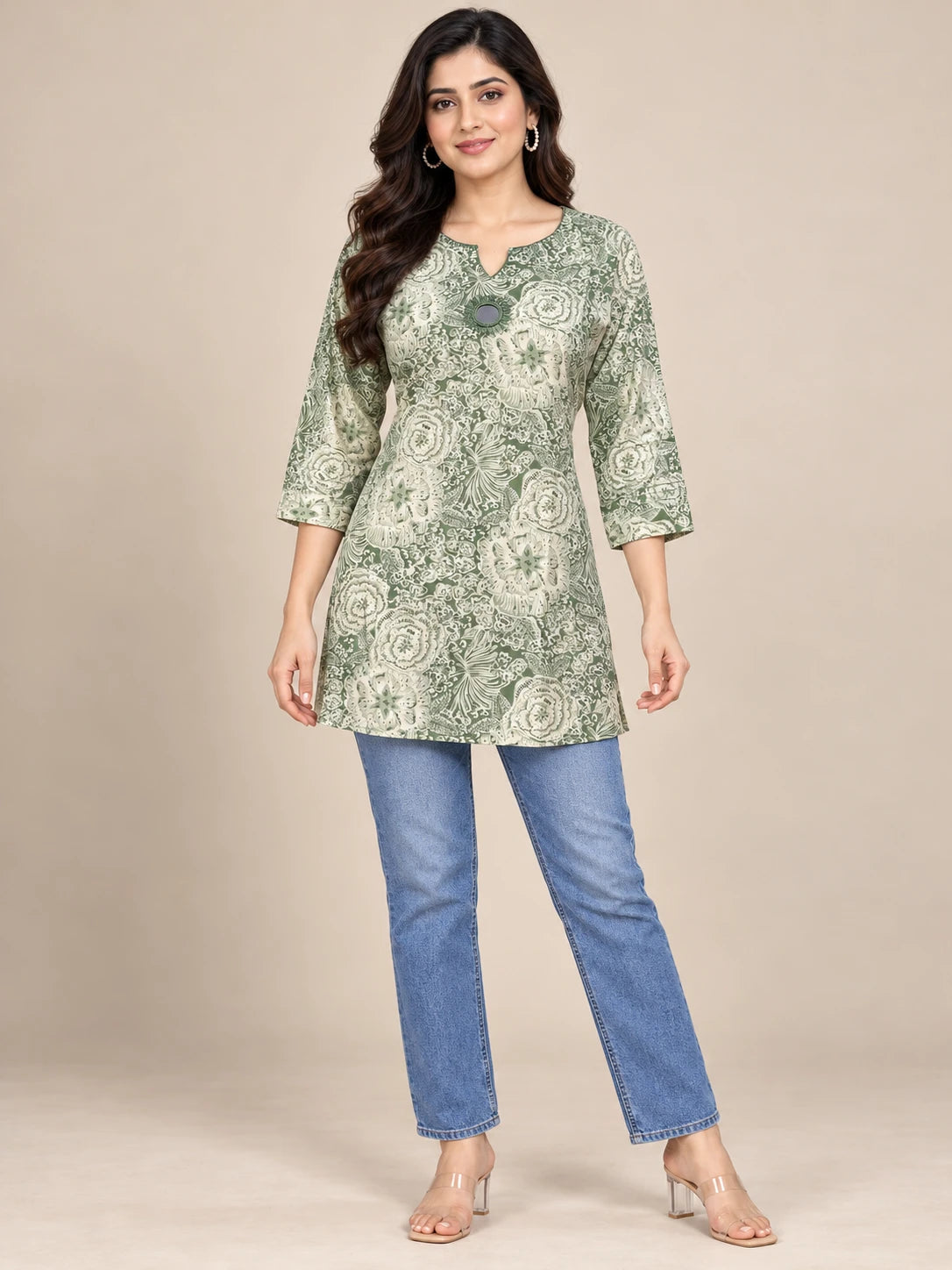 Sage Green Rayon Printed Short Tunic