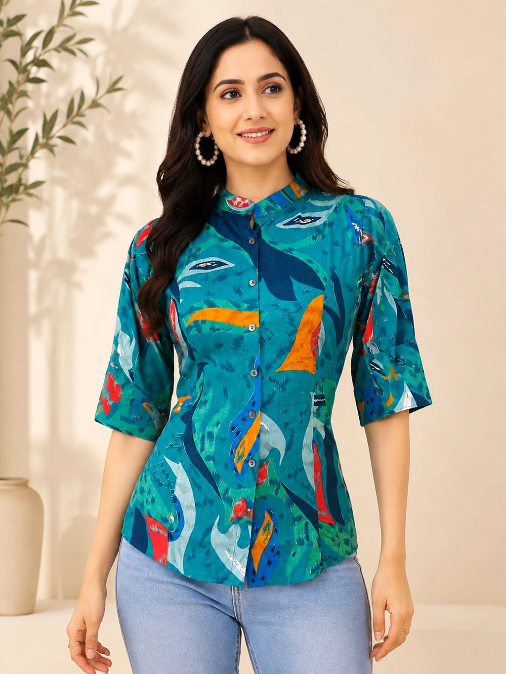 Sea Blue Stand Collar Tunic Top