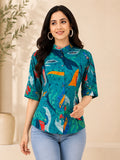 Sea Blue Stand Collar Tunic Top