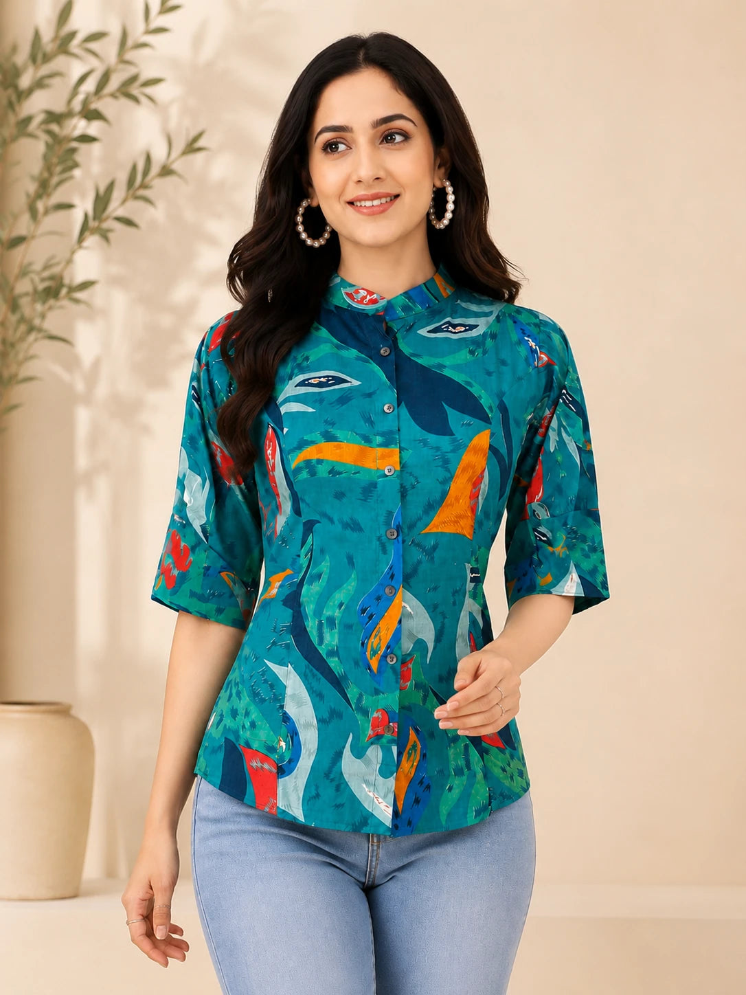 Sea Blue Stand Collar Tunic Top