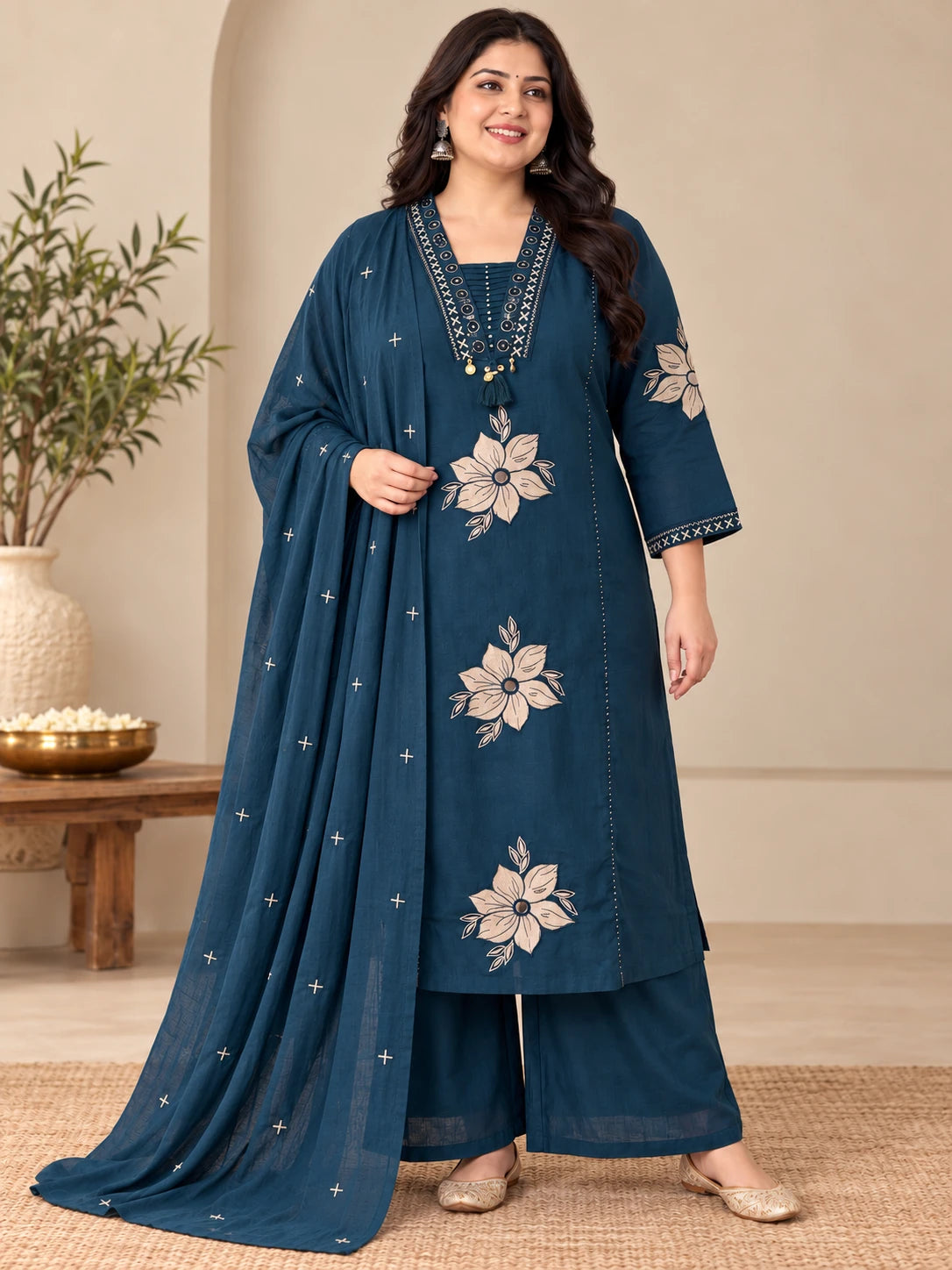 Teal Blue Embroidered Khadi 3-Piece Kurta Palazzo Set