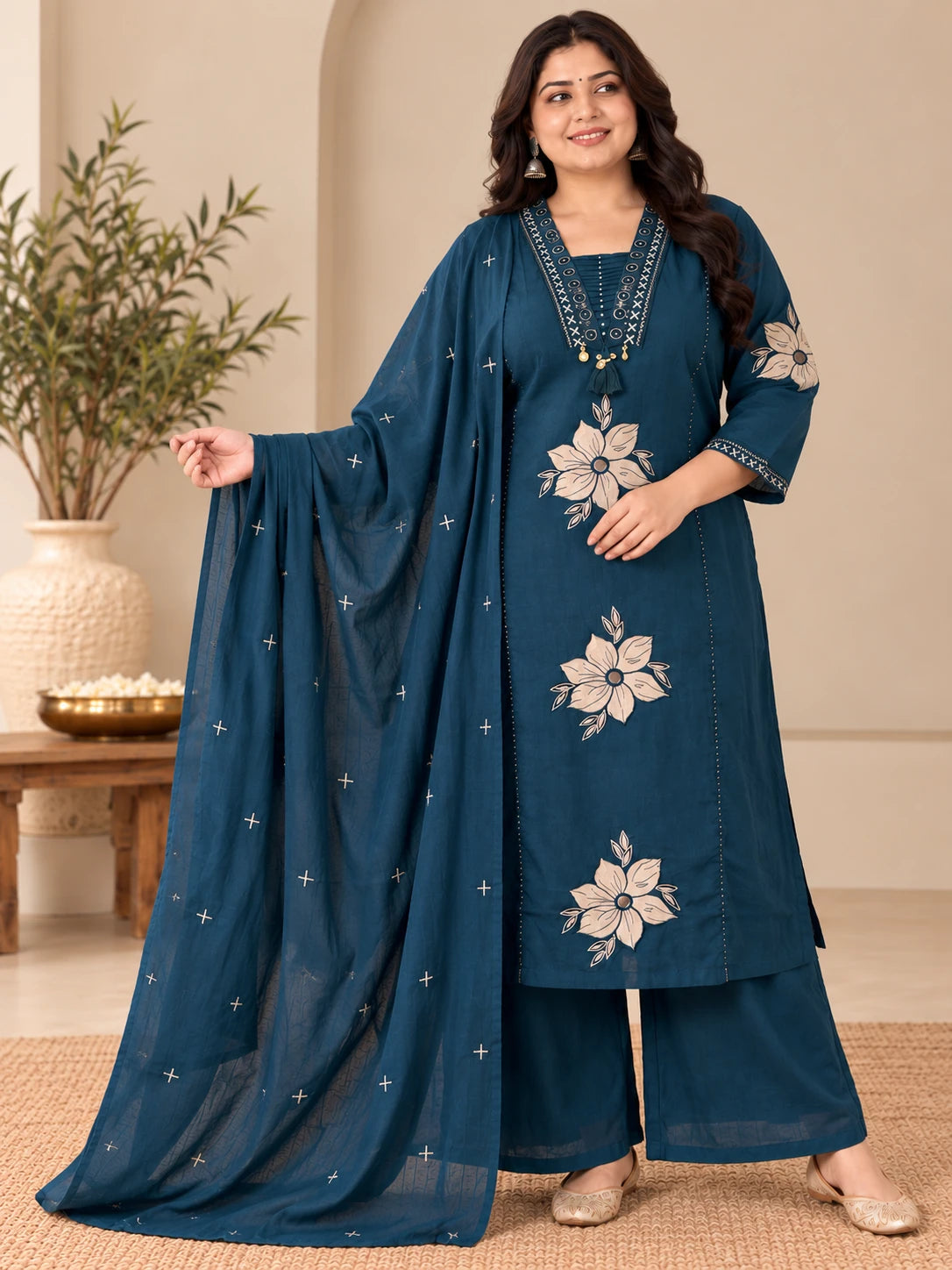 Teal Blue Embroidered Khadi 3-Piece Kurta Palazzo Set