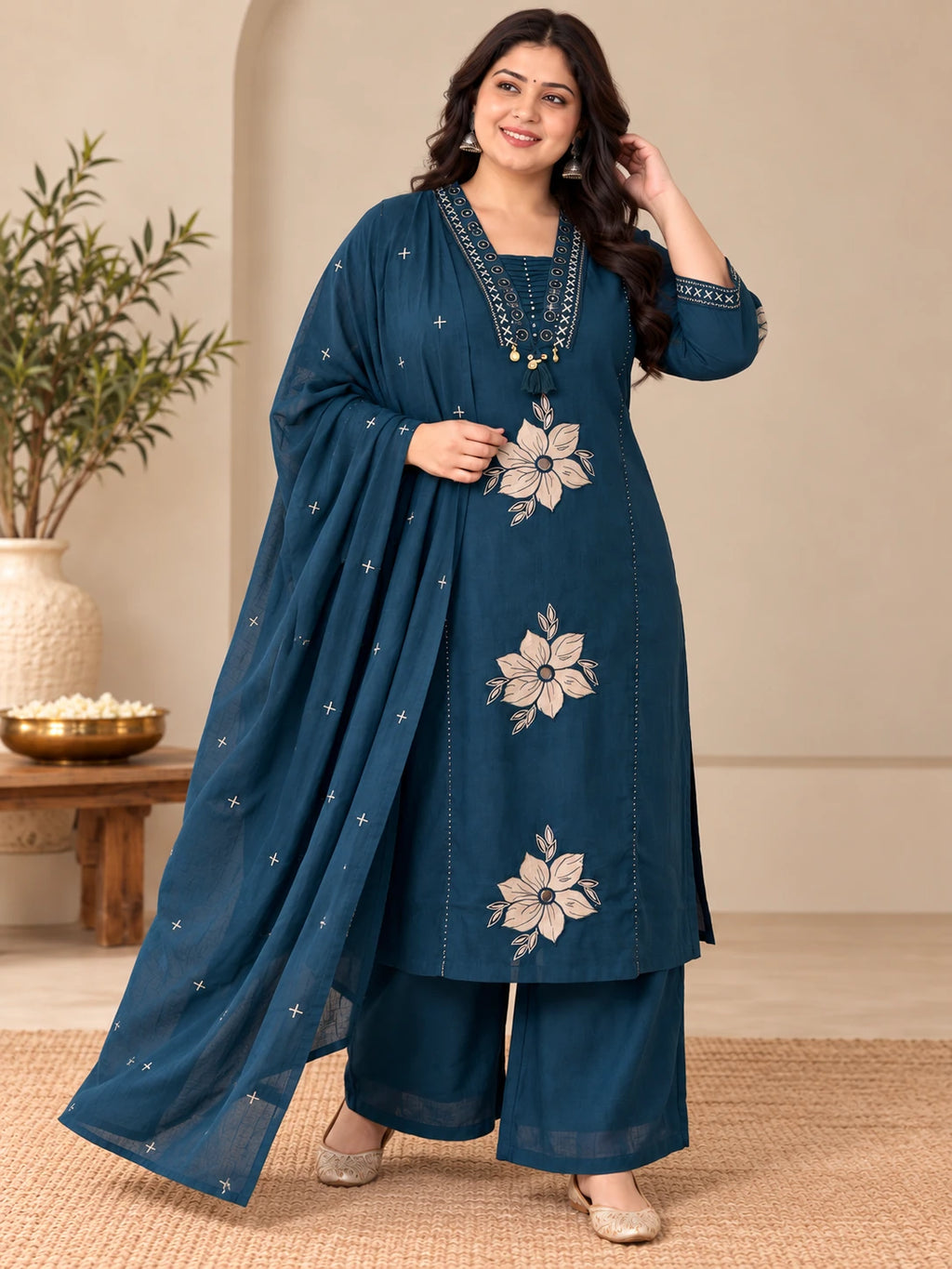 Teal Blue Embroidered Khadi 3-Piece Kurta Palazzo Set
