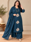 Teal Blue Embroidered Khadi 3-Piece Kurta Palazzo Set