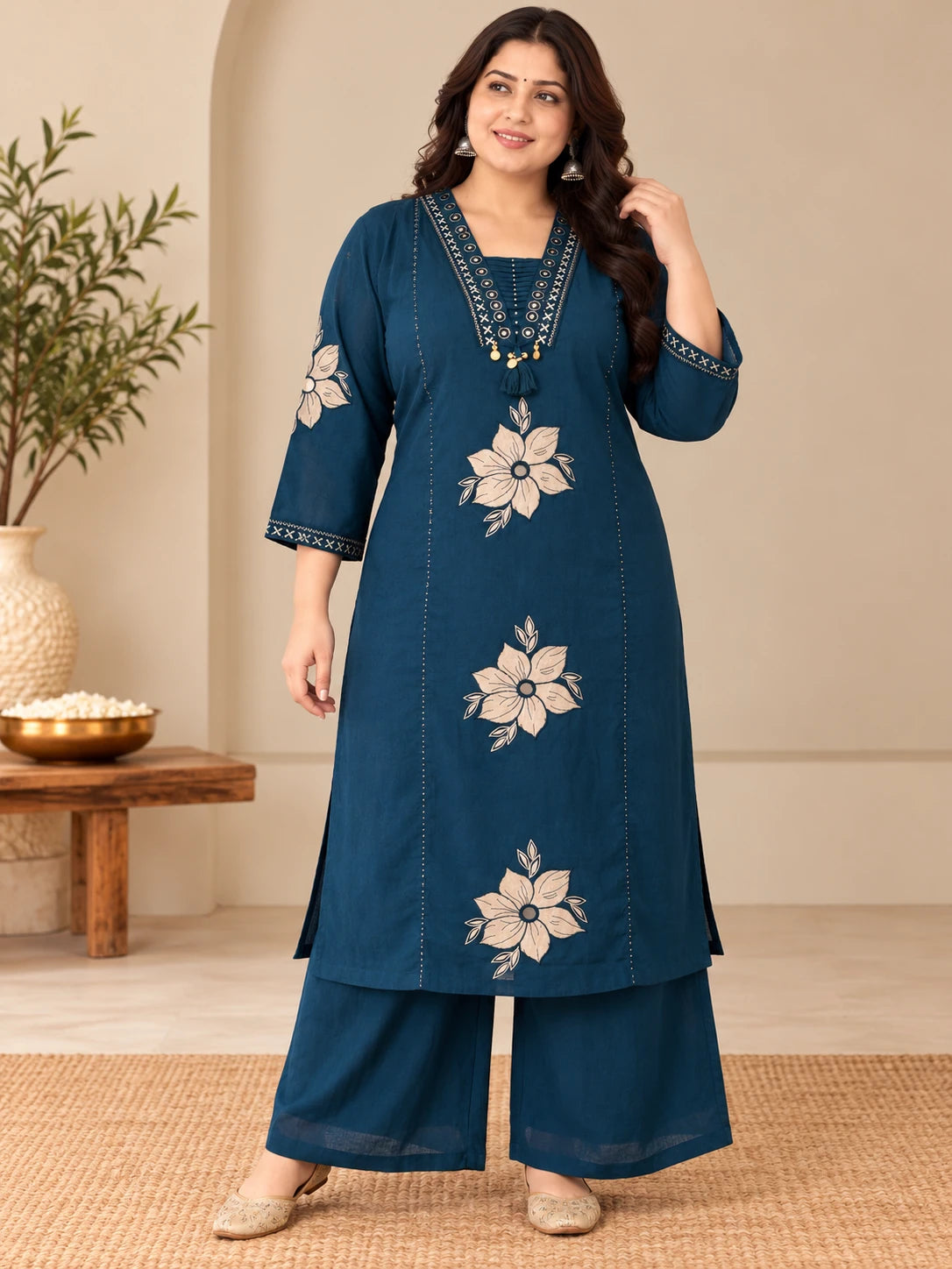 Teal Blue Embroidered Khadi 3-Piece Kurta Palazzo Set