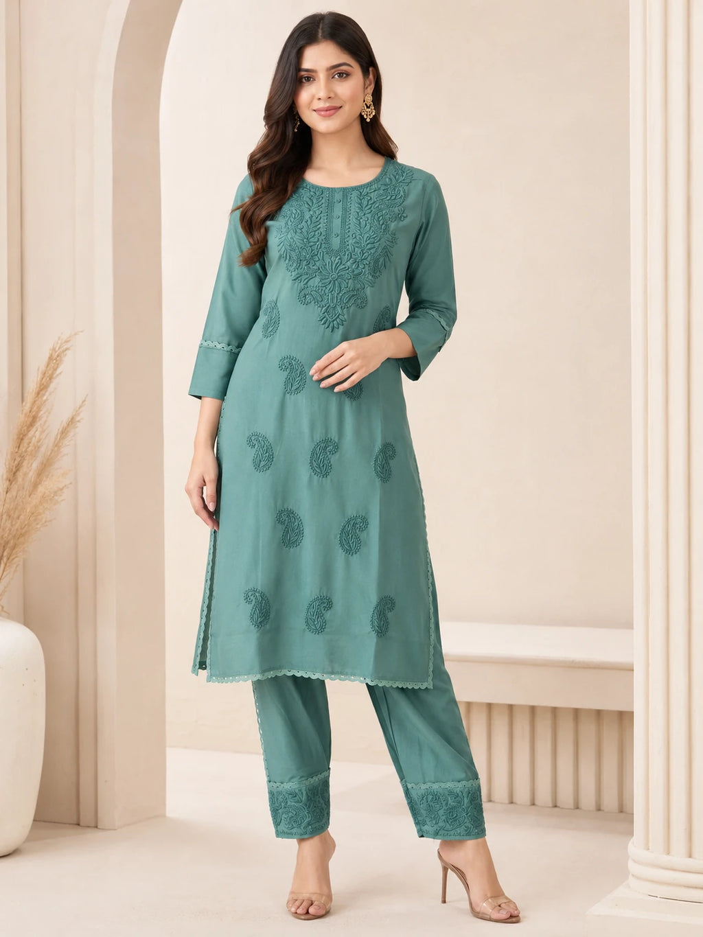 Teal Lakhnawi Embroidered Kurta Palazzo Set