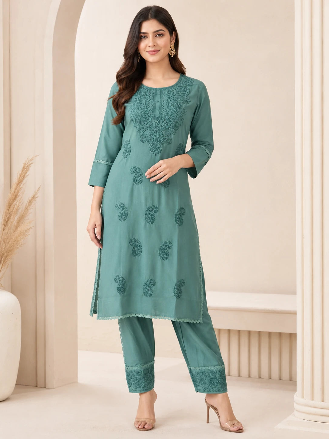 Teal Lakhnawi Embroidered Kurta Palazzo Set