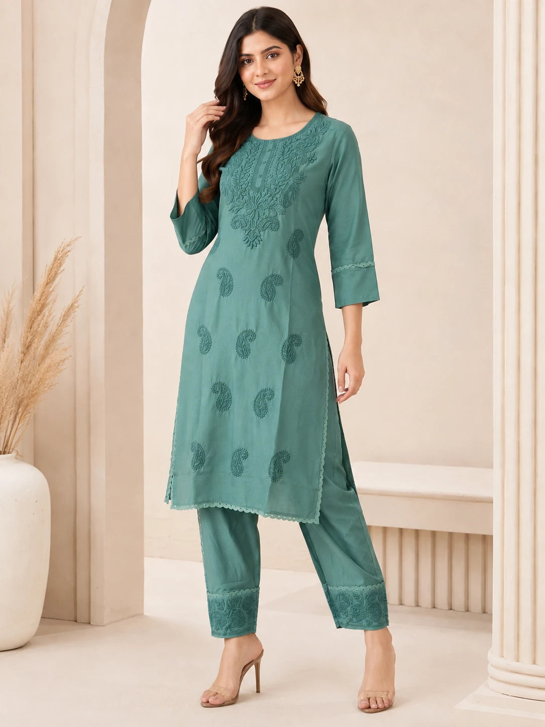 Teal Lakhnawi Embroidered Kurta Palazzo Set