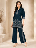 Teal Green White Thread Work Short Co-ord Set