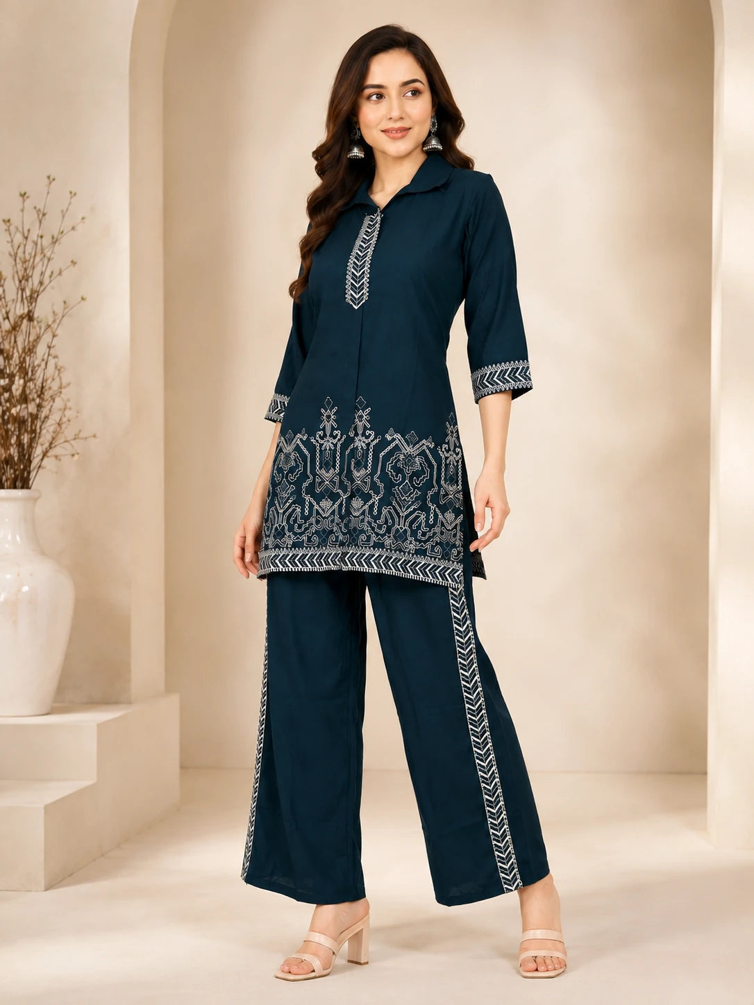 Teal Green White Thread Work Short Co-ord Set