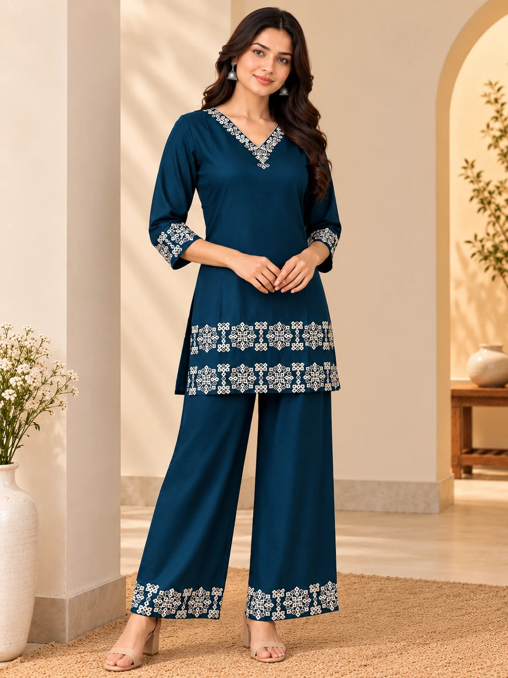 Teal Embroidered Sui Slub Short Kurta Co-Ord Set