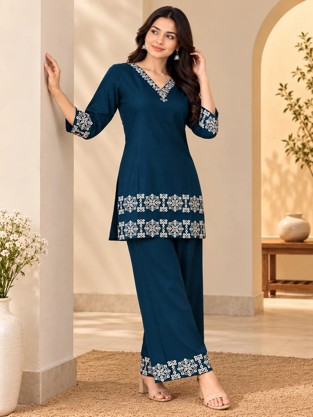 Teal Embroidered Sui Slub Short Kurta Co-Ord Set