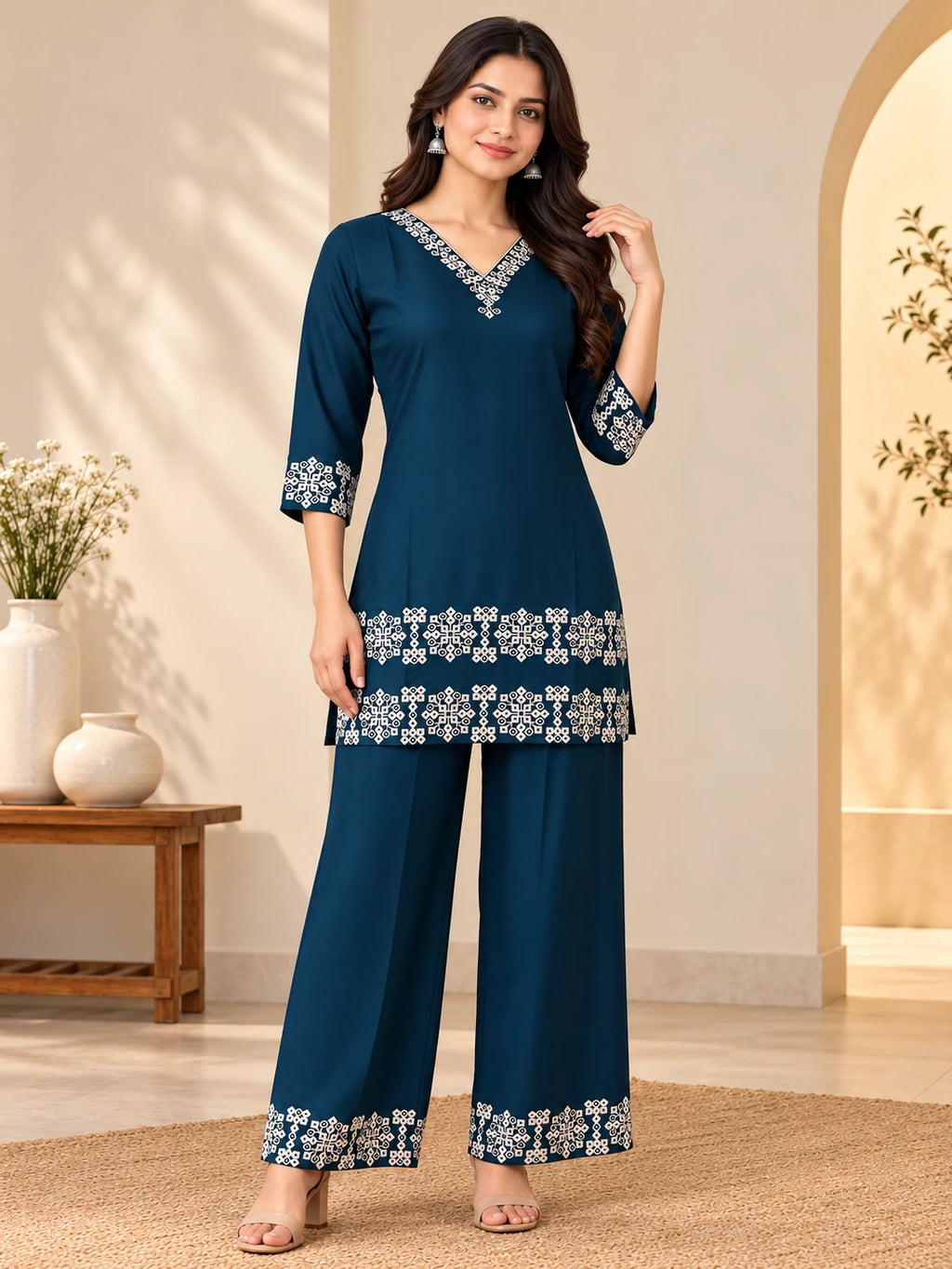 Teal Embroidered Sui Slub Short Kurta Co-Ord Set