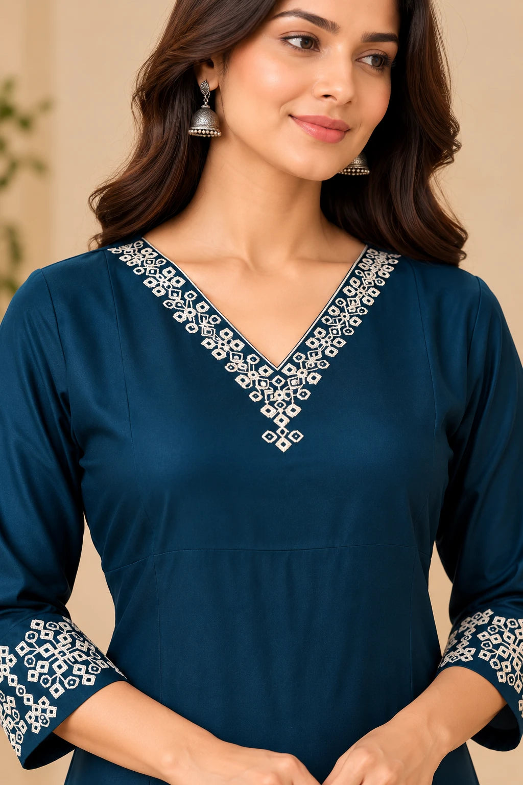 Teal Embroidered Sui Slub Short Kurta Co-Ord Set